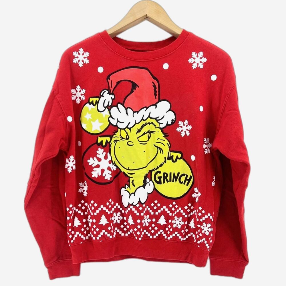 The Grinch Christmas Sweatshirt Red Graphic Fleece Pullover Dr Seuss Mens Size L